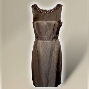 ALEX MARIE Silk & Linen Tailored Sheath Dress Copper Brown Beaded Neckline Sz 10